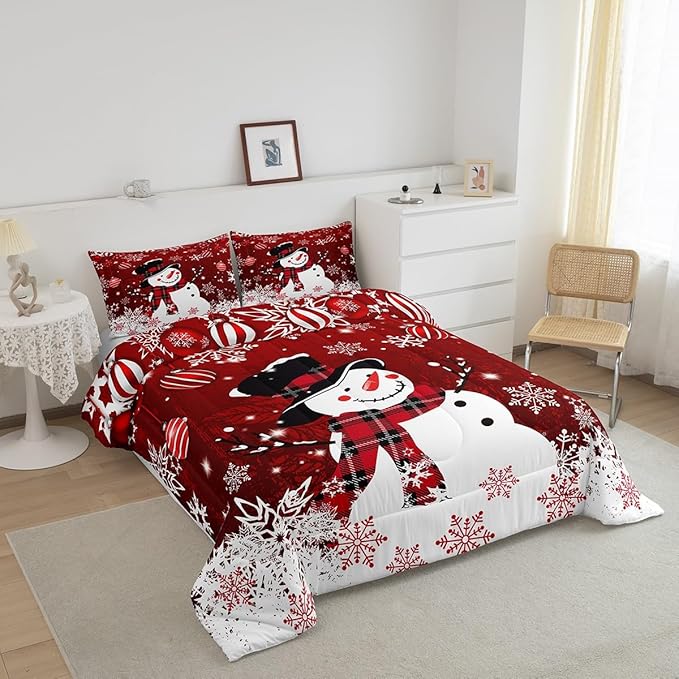 Manfei Snowman Comforter Set Full Size, Snowflake Balloon Xmas Decor Down Comforter with 2 Pillowcases, Christmas Red Bedding Set 3pcs for Kids Boy Girls Bedroom Decor Lightweight Duvet Insert