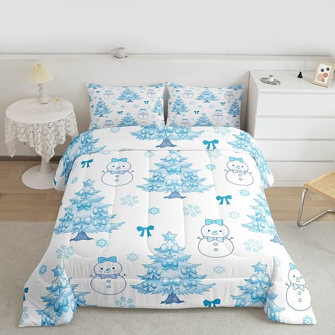 Feelyou Merry Christmas Bedding Set Soft for Boys Girls, Cute Snowman Comforter Set Full Size Cartoon Bowknot Duvet Quilt Microfiber Christmas Tree 3 Pcs with 2 Pillow Cases