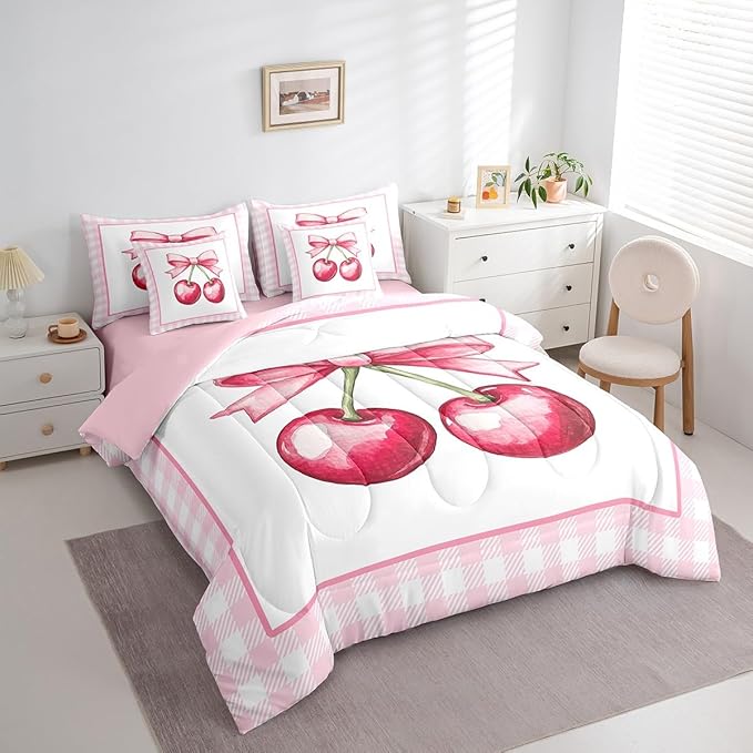 7 Pieces Cherry Bowknot Kids Comforter King,Geometric Plaids Grids Patchwork Fashion Bedding Set,Bow Tie Princess Dreamy Pink Cute（Comforter+Fitted+Flat Sheet+2 Pillowcases+2 Throw Pillow Covers）