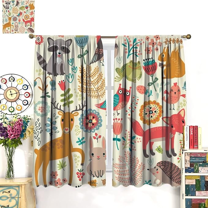 Kids Baby Woodland Blackout Curtains,Forest Animals Plants Cartoon Funny Colorful Deer Fox Owl Pattern Thermal Insulation Window Drapes for Boys Girls Children's Bedroom 84x84in