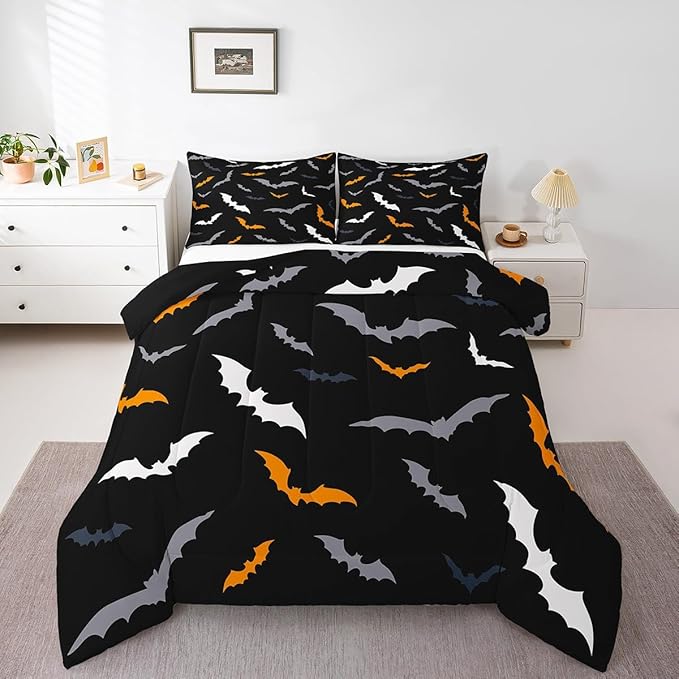 Erosebridal Gothic Halloween Decor Comforter Set - Toddler Size for Kids Boys & Girls - Animal Silhouette Bedding Set with 1 Pillow Case, Orange and Grey Bat Duvet Insert