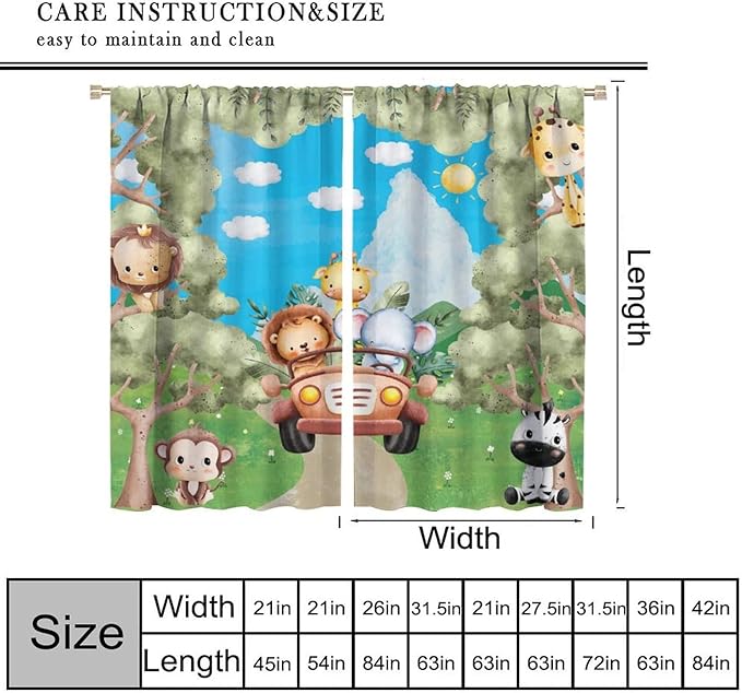 Jungle Animals Curtains, Cartoon Safari Animals Tropical Forest Leaf Blackout Window Treatments, Rod Pocket Thermal Insulated Drapes 2 Panel Sets for Kids Bedroom Nursery Classroom, 72"W X 63"L