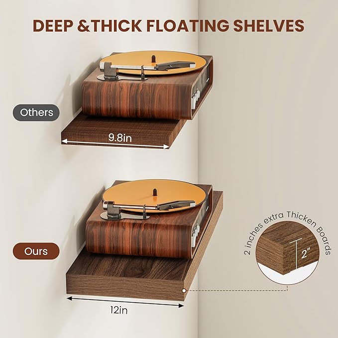 Vivelove Wide Floating Shelves for Wall 12 Inch Deep, 48" X 12" X 2" Floating Shelf, 2 Inch Thick Shelf for Living Room Bathroom Bedroom Kitchen Book Room, Rustic Farmhouse Decor Set of 2, Walnut