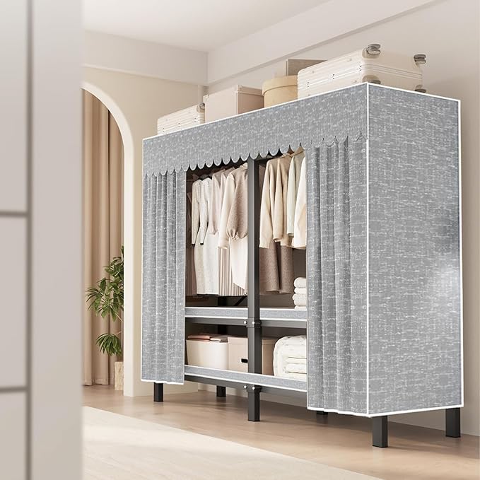 FPIGSHS Heavy Duty Clothes Rack with Cover Foldable Covered Clothes Rack for Hanging Clothes portable Wardrobe Closet System Freestanding Coat Storage Garment Racks for bedroom (grey, 95in)