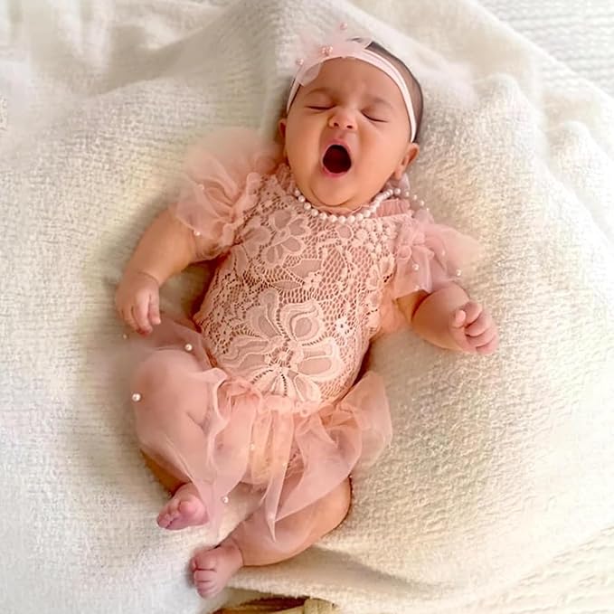 Newborn Lace Romper, 2 PCS Baby Girl Photography Props, Newborn Girl Photography Outfits with Flower Headband for Infants