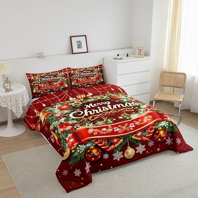 Merry Christmas Bedding Set - Full Size, Kids Boys Girls Room Decor - Christmas Wreath Snowflake Comforter Set, Red Xmas Ball Glitter Duvet Insert 3Pcs, Quilt Set, 2 Pillowcases