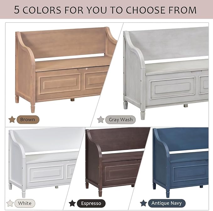 Merax Storage Bench, 41.9” Solid Wood Storage Chest with Backrest and Safety Hinge, Large Storage Space Bench with Upholstered Cushions,Supports 250 lb and Easy Assembly for Small Space, Brown