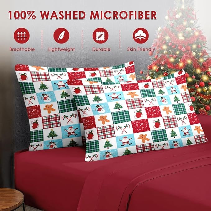 7 Pcs Queen Size Christmas Comforter Set with 2 Pillowcases & 2 Shams, Colorful Plaid Snowman Bedding for Kids and Adults, Cute Gingerbread Man Bed in a Bag with Flat Fitted Sheet