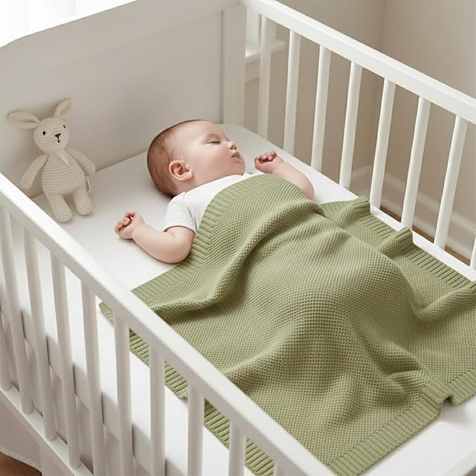 Baby Knit Blanket Soft Cotton Lightweight Newborn Blanket for Crib Stroller Toddler Nursery Shower Gift Cozy Breathable Travel Swaddle Wrap Sage Green 30 x 30 Inches