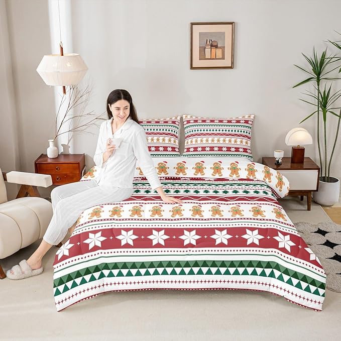 Feelyou Merry Christmas Bedding Set Soft for Boys Girls, Gingerbread Man Comforter Set Queen Size Duvet Quilt Microfiber Striped Bedroom Decor 3 Pcs with 2 Pillow Cases