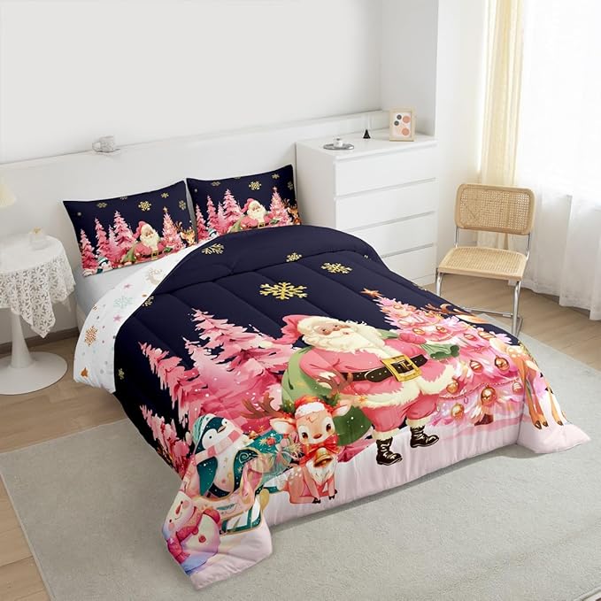 jejeloiu Merry Christmas Comforter Set Twin Size Santa Claus Bedding Set for Kids Boys Girls Cute Deer Duvet Quilt Dark Blue Bedroom Decor
