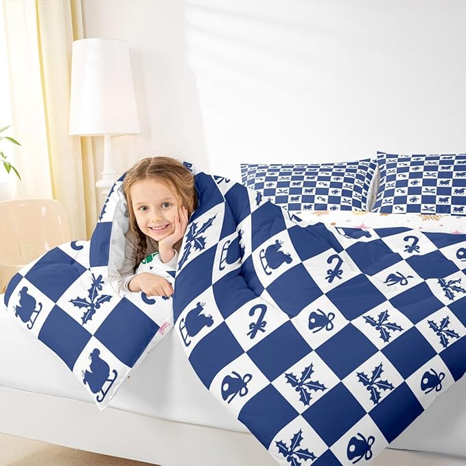 Feelyou Christmas Comforter Set All Season Checkered Pattern Bedding Set with 1 Pillow Cases Holiday Theme Kids Twin Bedclothes Xmas Decor Room Decor Blue Duvet Quilt Breathable Soft Lightweight