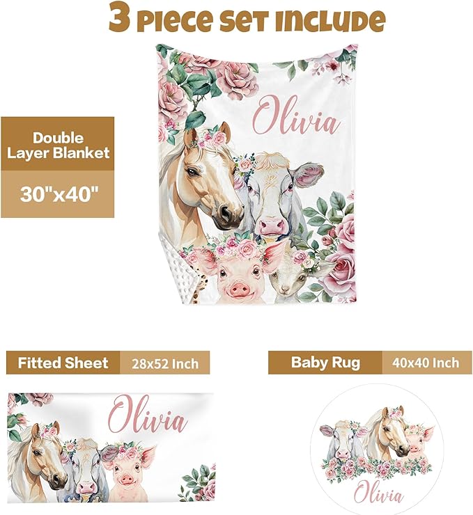 Custom Baby Crib Bedding Set, 3 Pcs Personalized Nursery Bedding Set with Name, Soft Baby Bedding Crib Sets with Blanket - Toddler Crib Sets for Girls Boys, Infant Newborn Gifts, Flower Animals