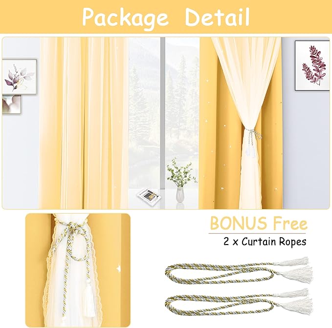 Kinryb Kids Blackout Curtains for Bedroom/Living Room/Classroom, Sheer Overlay 95 Inches 2 Panel Set, Double Layer Curtains with Star Cutout for Kids Room(W 52 x L 95 Inches,Yellow 2 Pcs)