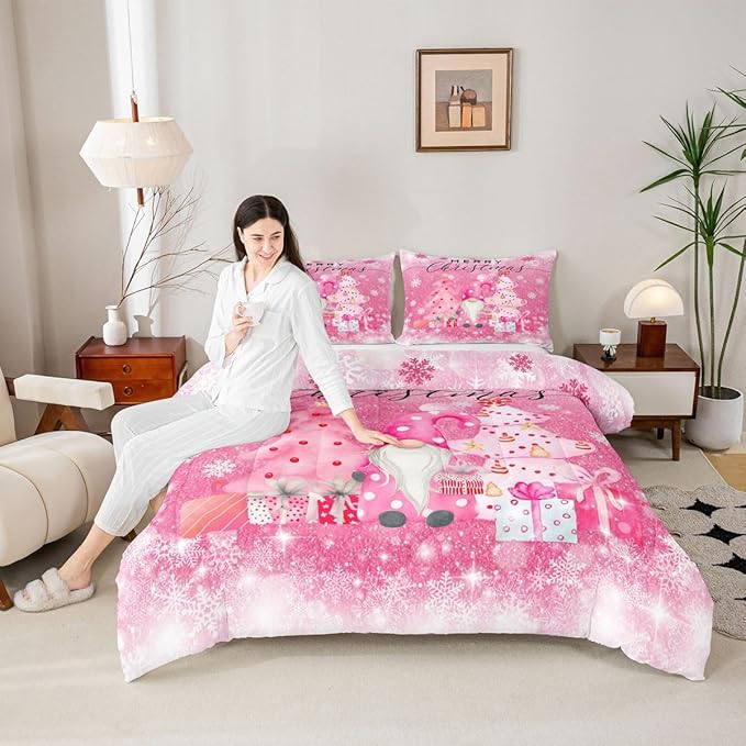 Castle Fairy Girly Christmas Comforter Set Twin Size,Pink Gnome Xmas Pine Trees Gift Bedding Set for Kids Boys Men,Snowflake Stars Glitter Sparkling Quilted Duvet Set with 1 Pillowcase