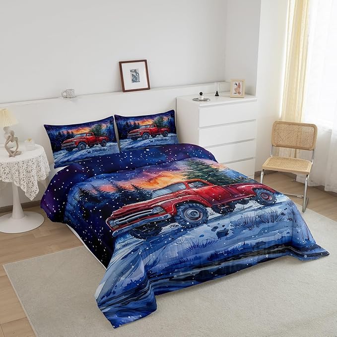 Red Truck Kids Comforter Set Twin Size,Christmas Tree Snowflake Bedding Set for Teens Boys Girls Room Decor,Woodland Nature Scenery Quilt Set 2Pcs,Merry Christmas Theme Duvet Insert,1 Pillowcase