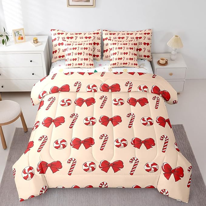 Feelyou Red Christmas Girly Comforter Set with Sheets Kids Christmas Bowknot Bedding Set Boys Girls Bow Candy Decor Bed in a Bag Xmas Theme Bed Set Bedroom Queen Size
