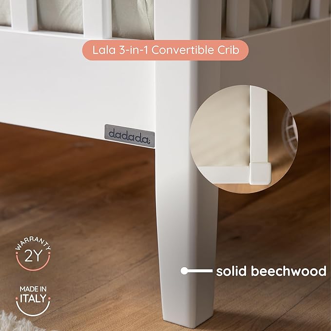 dadada Baby LaLa 3 in 1 Convertible Crib- Converts to Toddler Bed & Daybed- Adjustable Mattress Height – 3 Positions - Made in Italy - Solid Beechwood (White)