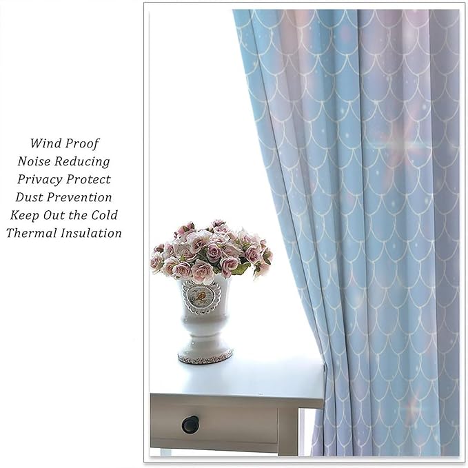 Mermaid Curtains, Kids Cartoon Watercolor Sea Animals Mermaid Princess Scales Pattern Print Living Room Decoration for Kids Girls Bedroom Nursery 63x63 Inch