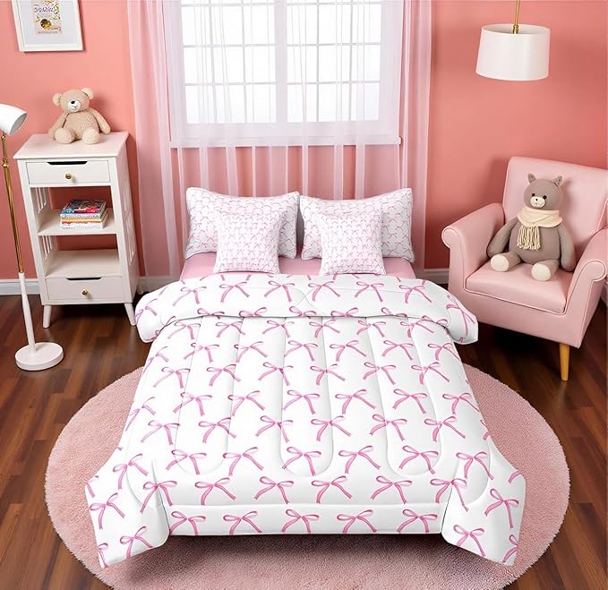 7 Pieces Cartoon Bowknot Kids Comforter Queen,Pink Bow Tie Butterfly Knot Princess Bedding Set,Watercolor Bow Patchwork Pink White（Comforter+Fitted+Flat Sheet+2 Pillowcases+2 Throw Pillow Covers）