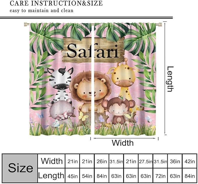 Kids Safari Animals Curtains, Cartoon Wildlife Tropical Leaf Pink Window Treatments, Rod Pocket Thermal Insulated Drapes 2 Panel Sets for Bedroom Nursery Classroom, 42" W X 45" L