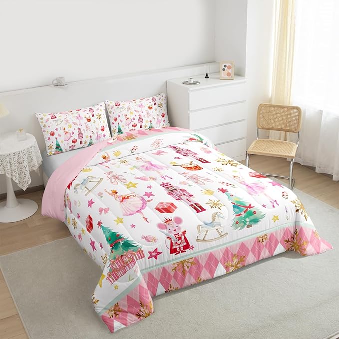 Feelyou Pink Christmas Kids Comforter Set Toddler Size Ballet Nutcracker Bedding Set Snowflake Duvet Quilt for Kids Boys Girls Bedroom Decor Microfiber Ultra Soft Breathable