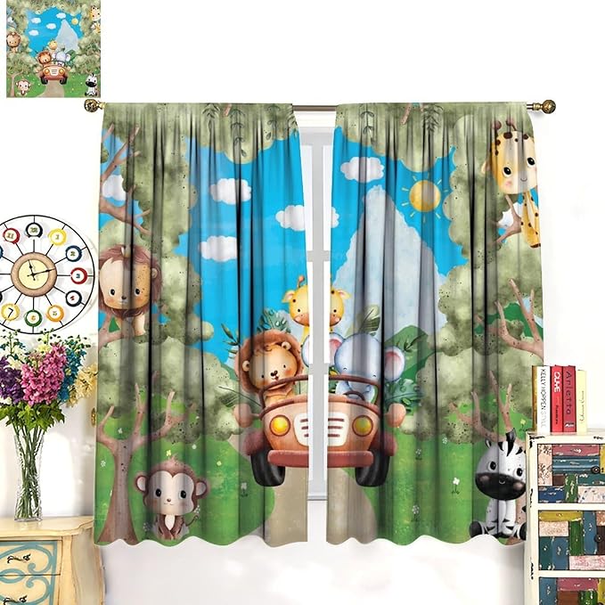 Jungle Animals Curtains, Cartoon Safari Animals Tropical Forest Leaf Blackout Window Treatments, Rod Pocket Thermal Insulated Drapes 2 Panel Sets for Kids Bedroom Nursery Classroom, 55"W X 63"L