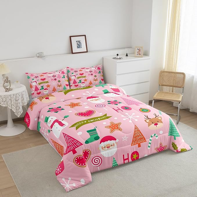 Merry Christmas Kids Comforter Set King Size,Cute Santa Claus Snowman Deer Bedding Set,Boys Girls Adults Room Decor,Snowflake Christmas Trees Down Comforter,Pink Xmas Duvet Insert,2 Pillowcases