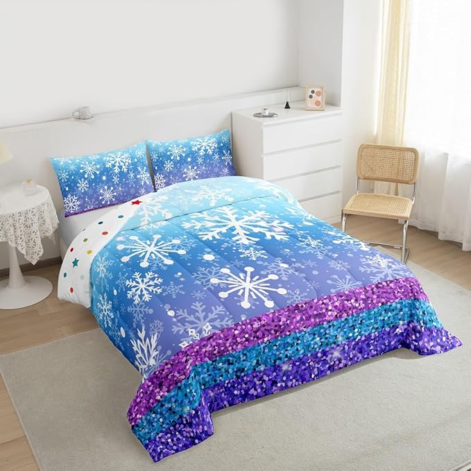 Feelyou Winter Snowflake Comforter Set All Season Glitter Print Bedding Set with 1 Pillow Cases Christmas Microfiber Kids Toddler Bedclothes Holiday New Year Bedroom Decor Duvet Quilt Soft