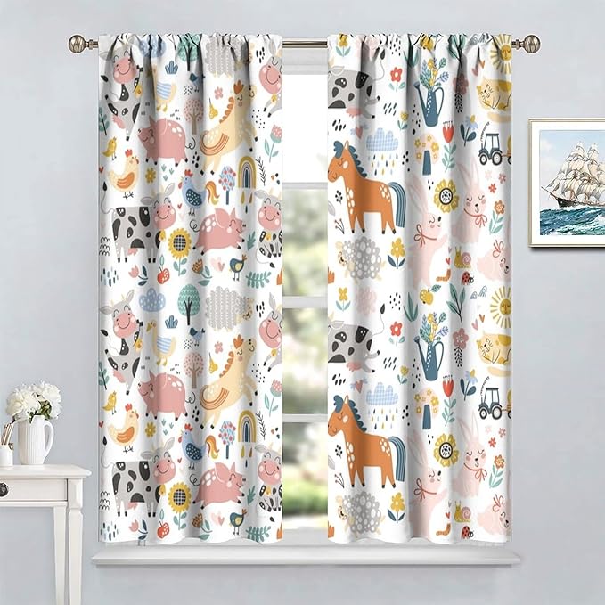 Farm Animal Curtains for Kids, Cartoon Cute Wild Animal Window Treatments Woodland Farmhouse Cow Horse Pig Window Drapes for Girls Boys Nursery Toddler Bedroom 42x54in