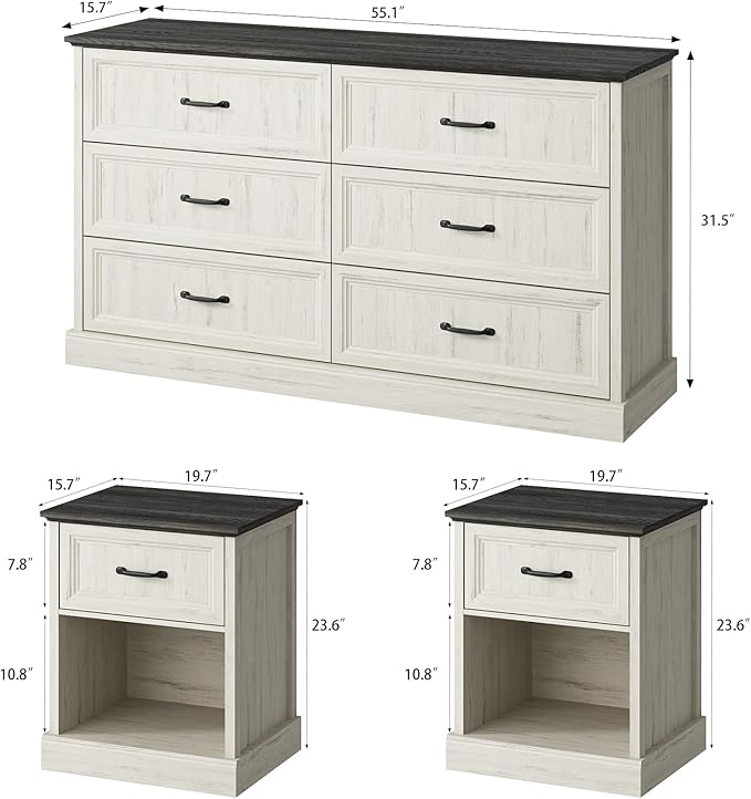 CARPETNAL Farmhouse Dresser and Nightstand Sets for Bedroom, 3 Pcs Bedroom Set, 6 Drawer Dresser & Nightstand Set of 2, Modern Wood Chest of Drawers for Bedroom, Living Room, Entryway, White
