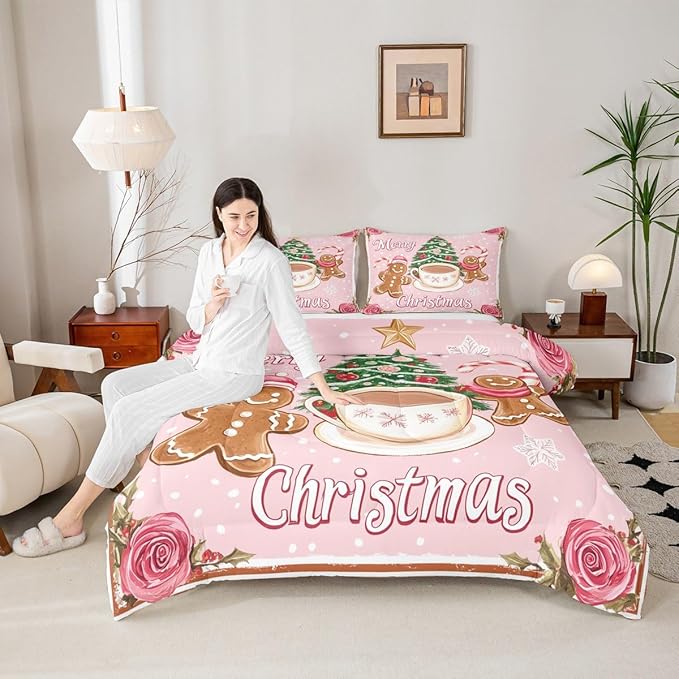 Feelyou Merry Christmas Comforter Set King Size Gingerbread Man Bedding Set for Kids Boys Girls Xmas Duvet Quilt Christmas Decor Bedroom Decor Microfiber 3 Pcs with 2 Pillow Cases