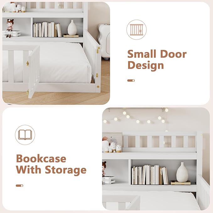 mikibama Twin Size Floor Bed with Side Bookcase and Shelves, Montessori Floor Bed with Guardrails for Bedroom, Wood Full Floor Bed Frame with Storage for Girls, Boys, White