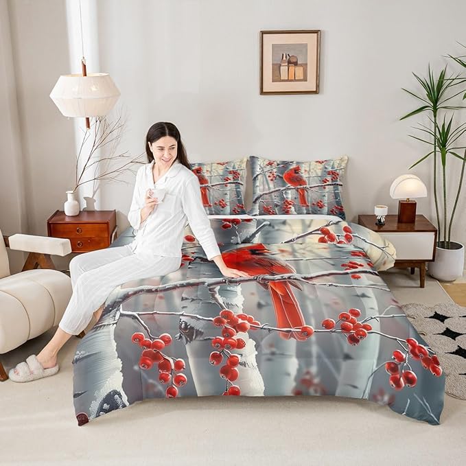jejeloiu Kids Red Cardinal Comforter Set King Size Christmas Theme Bedding Set for Boys Girls Teens Xmas Birds Winter Rustic Country Farm Animal Duvet Quilt Room Decor