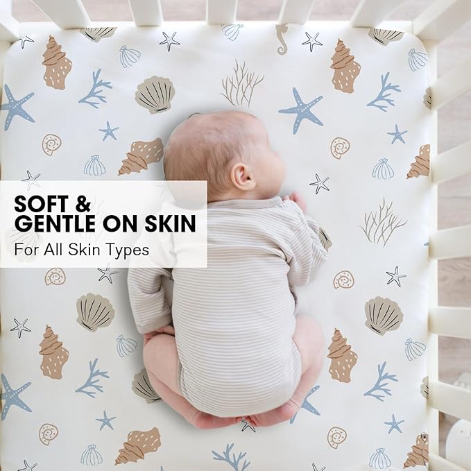 Little Grape Land Crib Sheets for Boys, 2-Pack Soft Microfiber Fitted Baby Crib Mattress Sheets – Breathable, Oeko-TEX Certified, Fits Standard Crib and Toddler Bed (Shells & Blue)