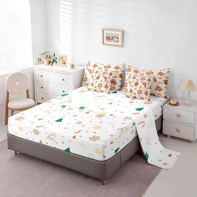 Merry Christmas Kids Bedding Set Xmas Theme Comforter Set with Sheets for Boys Girls Cartoon Gingerbread Man Christmas Tree Decor Bed in a Bag Brown Bed Set 7Pcs King Size