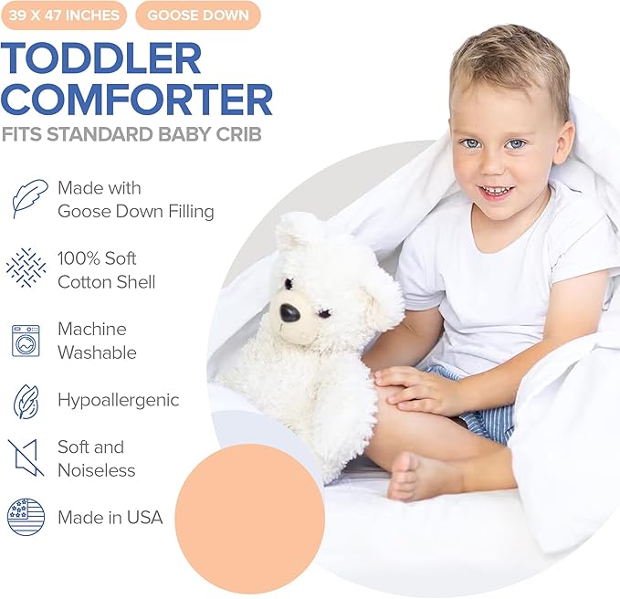 Continental Bedding Toddler Comforter, 100% White Goose Down Duvet Insert, Sleep Blanket with Cotton Shell, Fits Standard Crib, Toddler Bed, 39x47 Inches, White