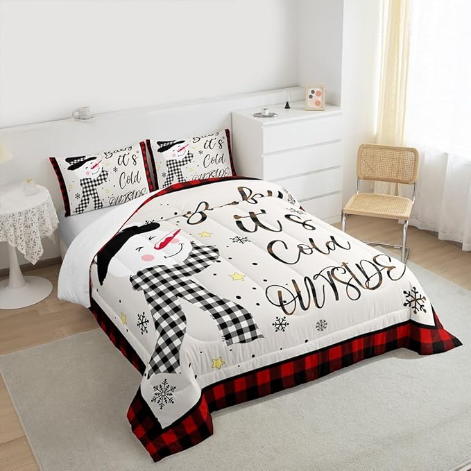 Kids Christmas Snowman Comforter Set Queen Size,Snowflake Winter Bedding Set,Girls Boys Adults Xmas Decor,Geometric Grids Lattices Patch Down Comforter,Red Rustic Vintage Duvet Insert,2 Pillowcases