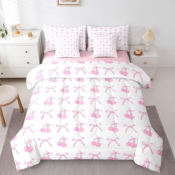 7 Pieces Cherry Bowknot Kid Comforter Set Queen,Pink Bow Tie Butterfly Knot Princess Bedding Set,Cartoon Bow Patchwork Dreamy Sweet（Comforter+Fitted+Flat Sheet+2 Pillowcases+2 Throw Pillow Covers）