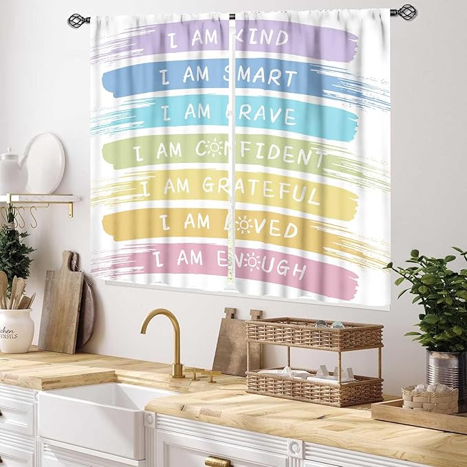 Rainbow Curtains for Classroom, Kids Girls Baby Boho Cute Inspirational Motivational Quotes Cartoon Colorful Pastel Nursery Classroom Bedroom Living Room Bathroom Window Drapes 2 Panels, 55x39 Inch
