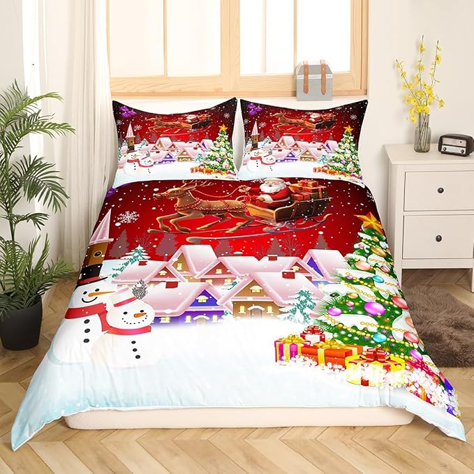 Manfei Christmas Duvet Cover Set King Size, Snowman Xmas Tree Bedding Set for Kids Boys Girls, Santa Claus with Reindeer Comforter Cover New Year Theme Quilt Cover with 2 Pillowcases, No Comforter