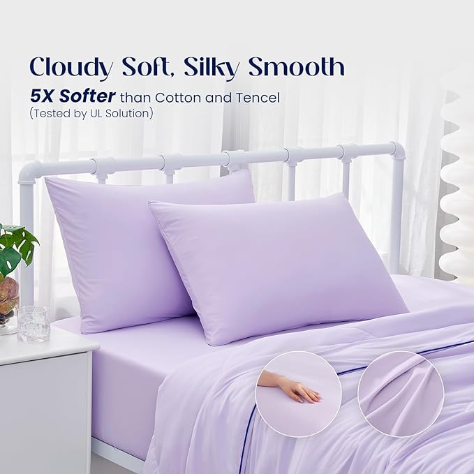 Dream Valley® Queen Sheet Set, Cooling Fitted Sheet with 2 Pillowcase-3 PCS with No Flat Sheet,Q-Max > 0.4 Aerocool, Cooling for Night Sweats, Hot Sleepers,deep Pocket up to 15",Lavender Fog