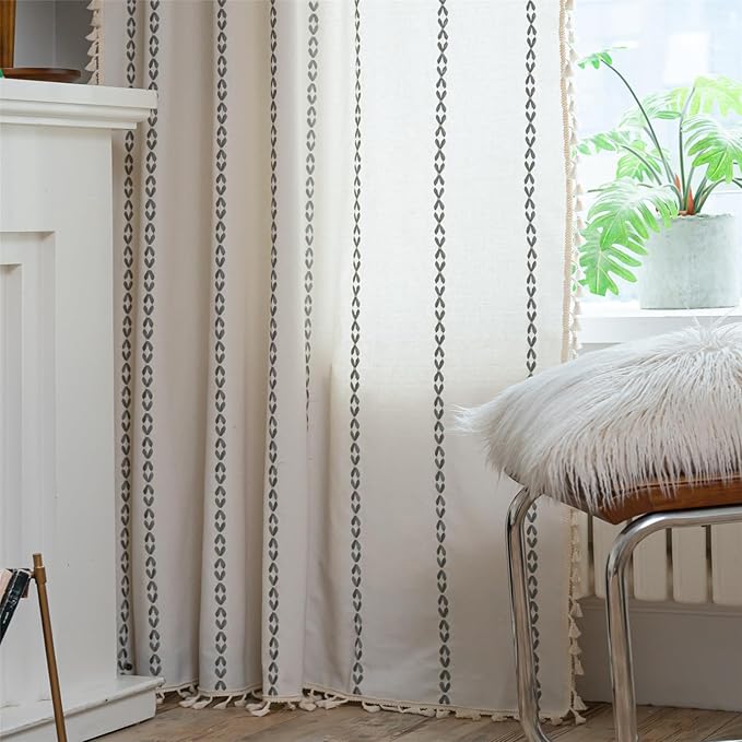 Deeprove Light Gray Boho Curtains 96 inches Long for Bedroom, Vintage Privacy Bohemian Embroidery Light Filter Cotton Linen Stripes French Country Tassel Window Treatments Decor, W52 x L96, 1 Panel