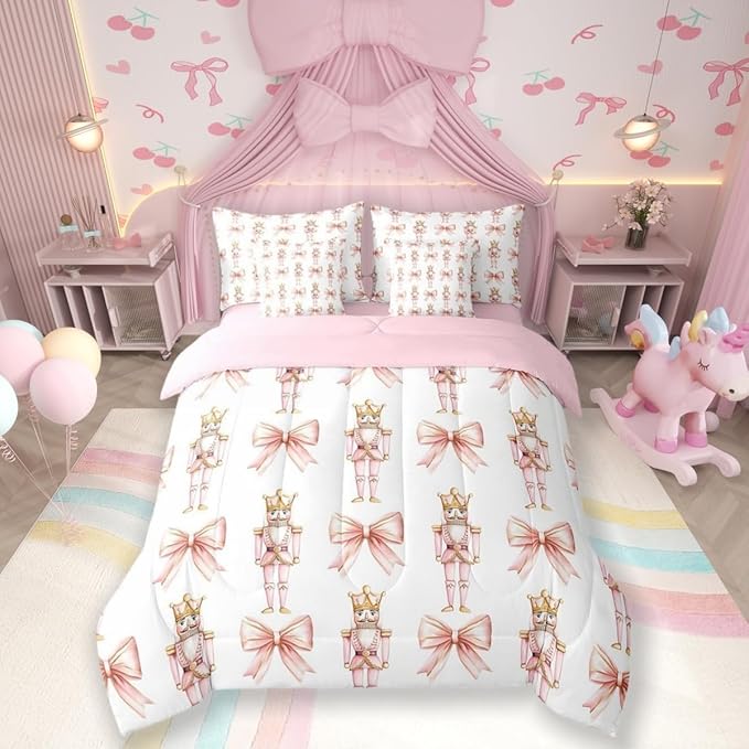 7 Pieces Cartoon Nutcracker Kids Comforter Set Queen,Pink Bowknot Romantic Princess Bedding Set,Ballet Merry Christmas Bow Tie Dreamy（Comforter+Fitted+Flat Sheet+2 Pillowcases+2 Throw Pillow Covers）