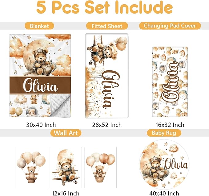 Personalized Toddler Bedding Set, 5 Pcs Custom Name Crib Bedding Set for Boys Girls, Balloon Bear Baby Crib Bedding Set, Double Layer Flannel Baby Crib Set, Customized Gifts for Newborn Infant
