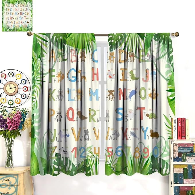 Kids Animal Alphabet Curtain Tropical Plant Alphabet Educational Printed Rod Pocket Blackout Window Drapes for Bedroom Living Room Nursery School 72" W X 63" L