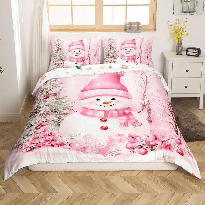 Manfei Christmas Kids Duvet Cover Set Queen Size, Cute Snowman Pink Flower Bedding Set for Boy Girl Room Decor, New Year Xmas Comforter Cover, Lightweight Bedspread Cover, 2 Pillowcases, No Comforter