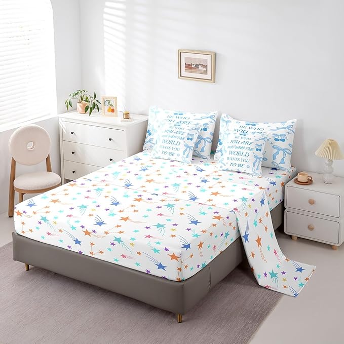 7 Pieces Blue Bowknot Kids Comforter Set King,Cherry Tropical Fruit Cartoon Princess Bedding Set,Bow Tie Stars Daisy Cute Blue Dreamy（Comforter+Fitted+Flat Sheet+2 Pillowcases+2 Throw Pillow Covers）