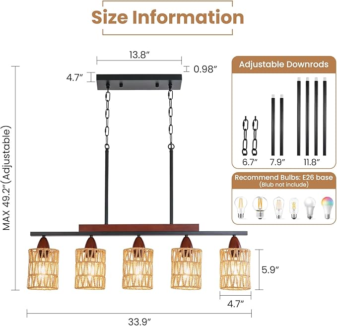 35in Farmhouse Rattan Chandelier Wood Boho Pendant Lighting 5-Light Kitchen Island Light Fixtures Linear Pandeant Light Fixture Rectangle Chandeliers for Dining Room Living Room