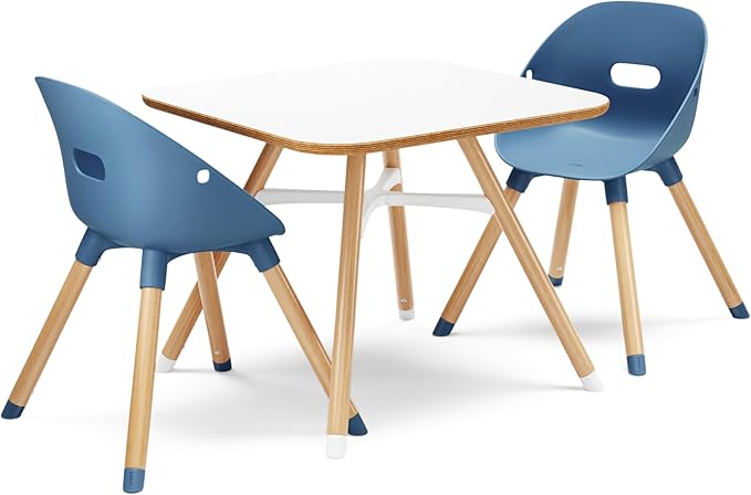 Lalo The Play Kit - Kids Table & Chairs Set with Sustainably Sourced Wood Table & 2 Non-Toxic Bucket Seat Chairs - Safe & Comfortable - Coconut/Blueberry